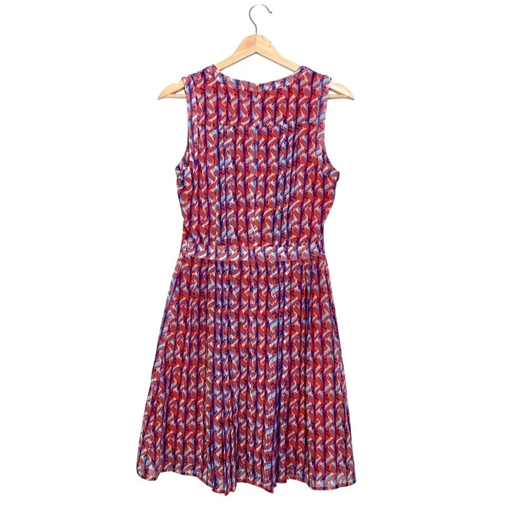 Halogen Sleeveless Red & Blue Geometric Print Dress Size 2 Pleated A-Line V-Neck